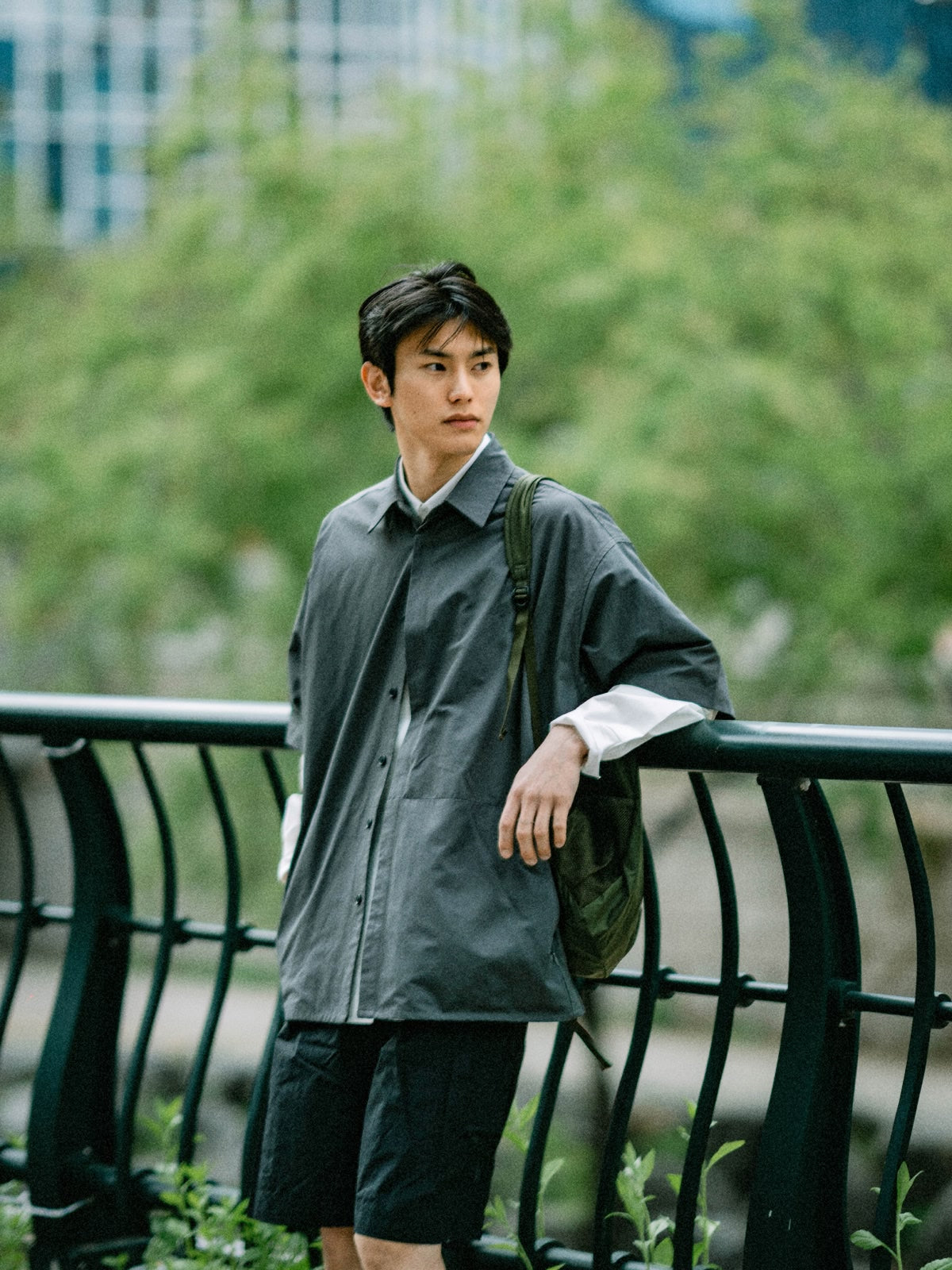 Hidden Type Half Sleeve Shirts (Navy)