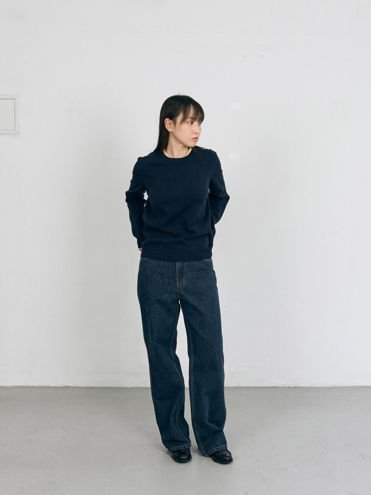 Layered Wool Round Knit (Navy-Lemon)