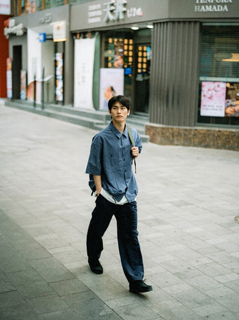 Open Collar Check Shirts (Charcoal)