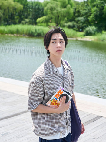 Window Check Open Collar Shirts (Brown)