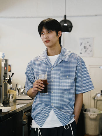 Window Check Open Collar Shirts (Light Blue)