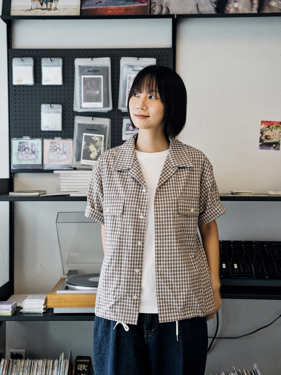 Window Check Open Collar Shirts (Brown)