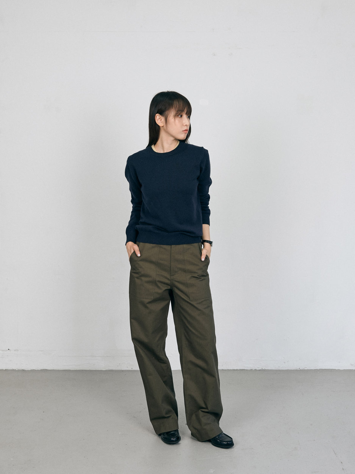 Layered Wool Round Knit (Navy-Lemon)