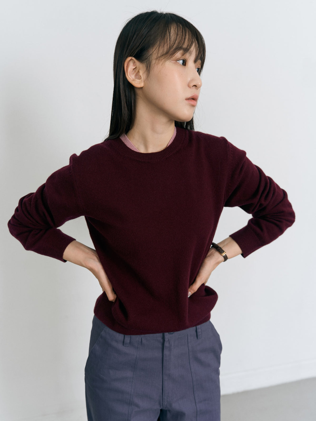 Layered Wool Round Knit (Burgundy-Pink)