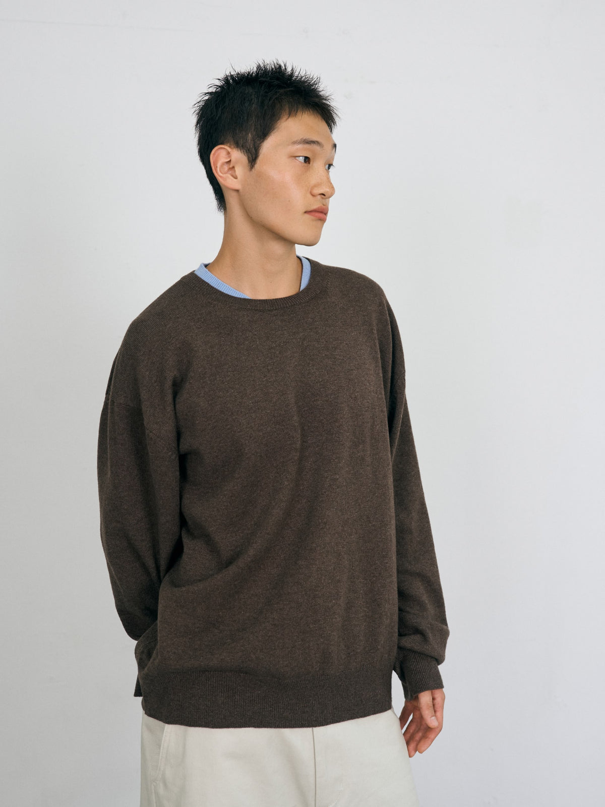 Layered Wool Crew Knit (Brown-Light Blue)