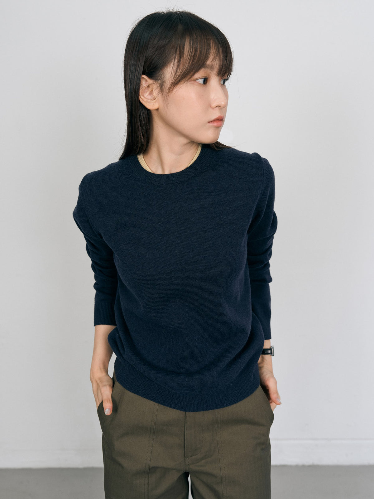 Layered Wool Round Knit (Navy-Lemon)