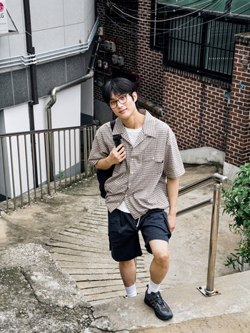 Window Check Open Collar Shirts (Brown)