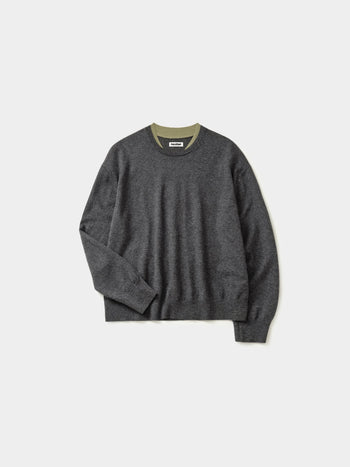 Layered Wool Crew Knit (Charcoal-Olive)