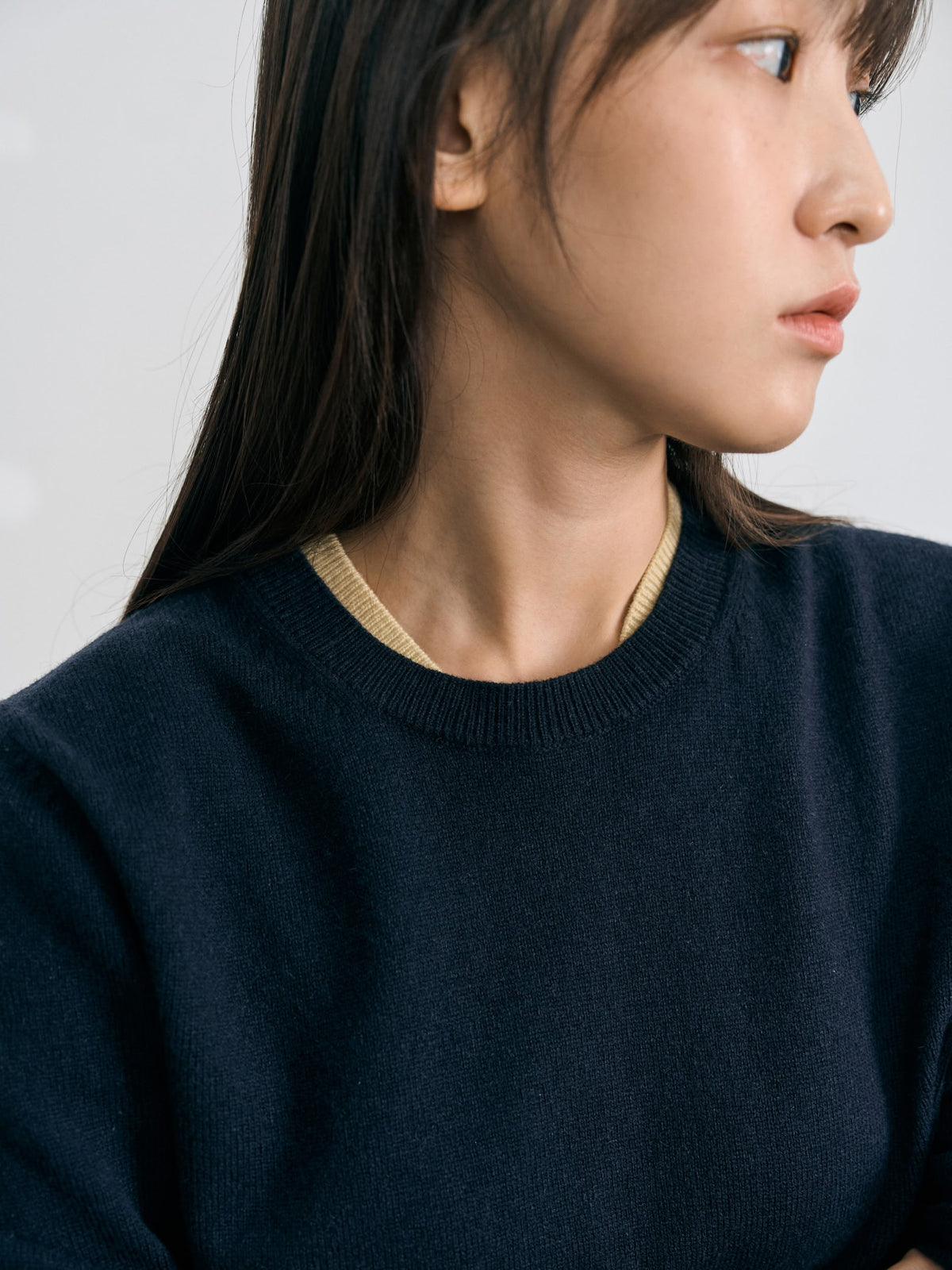 Layered Wool Round Knit (Navy-Lemon)