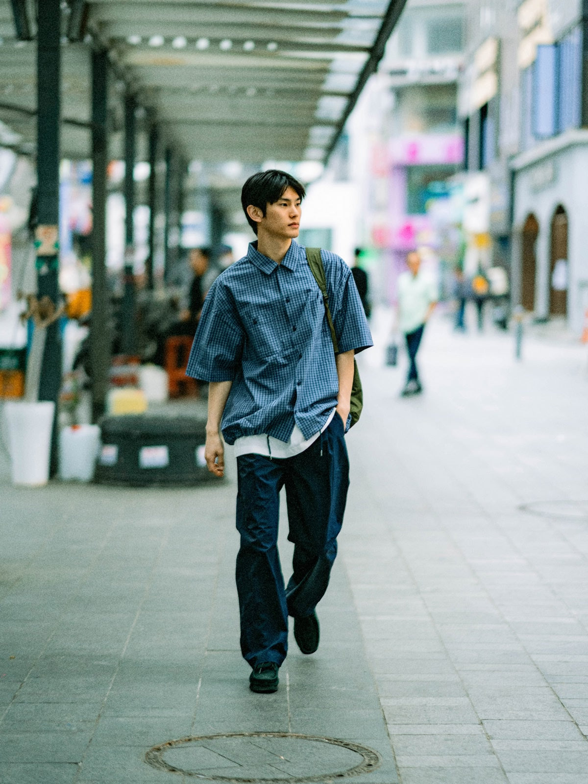 Open Collar Check Shirts (Beige)