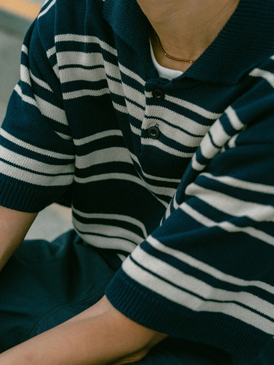 Airy Cotton Collar Knit (Stripe Navy)