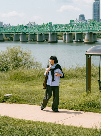 (W)Office Belted Pin-tuck Pants - Blue Gray | W0 (S)