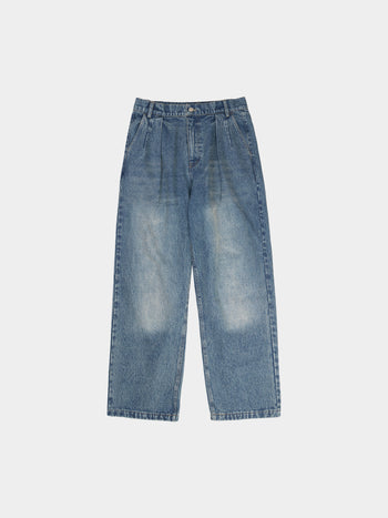 Loose Fit Pin-tuck Denim Pants (Mid Indigo)