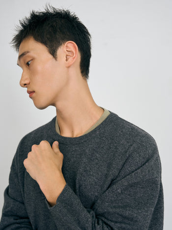 Layered Wool Crew Knit (Charcoal-Olive)