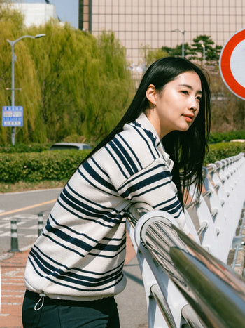 Airy Cotton Collar Knit (Stripe Ivory)