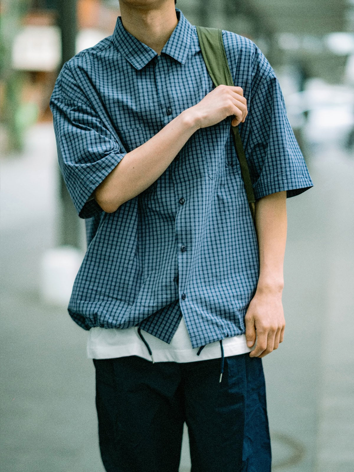 Open Collar Check Shirts (Navy)