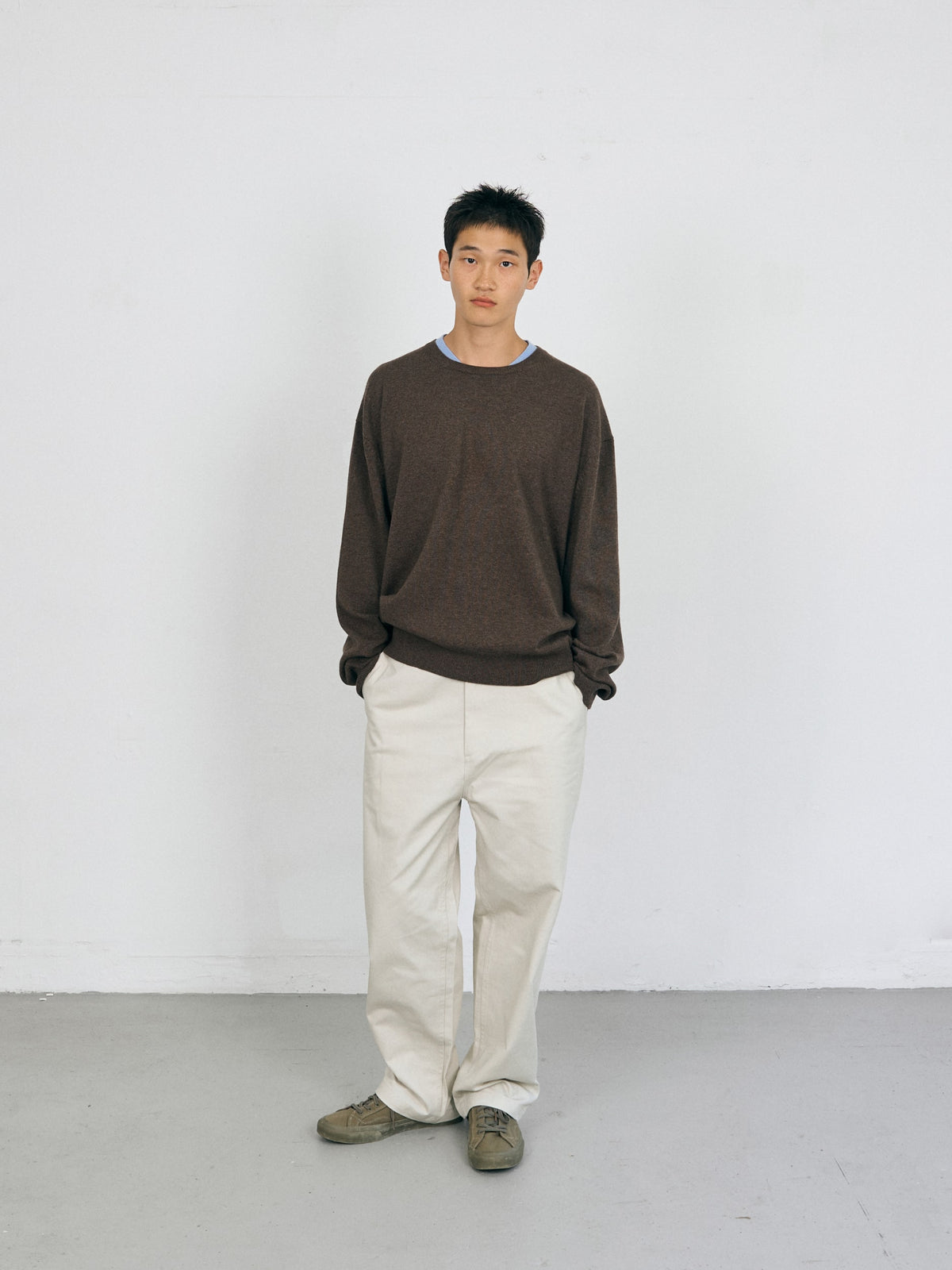 Layered Wool Crew Knit (Brown-Light Blue)