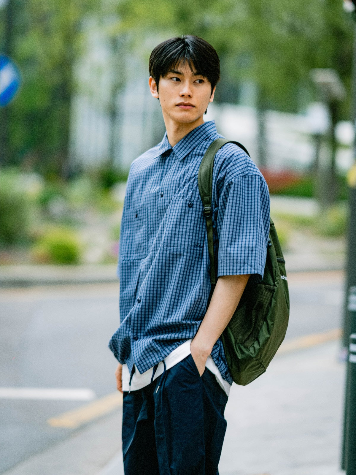 Open Collar Check Shirts (Beige)