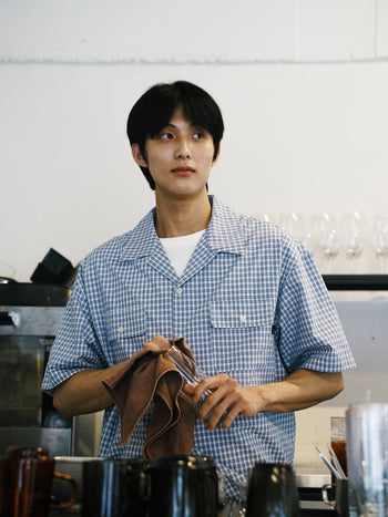Window Check Open Collar Shirts (Light Blue)