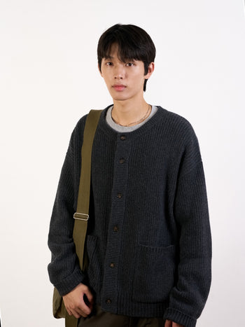 Fine Wool Roundneck Cardigan (Charcoal)